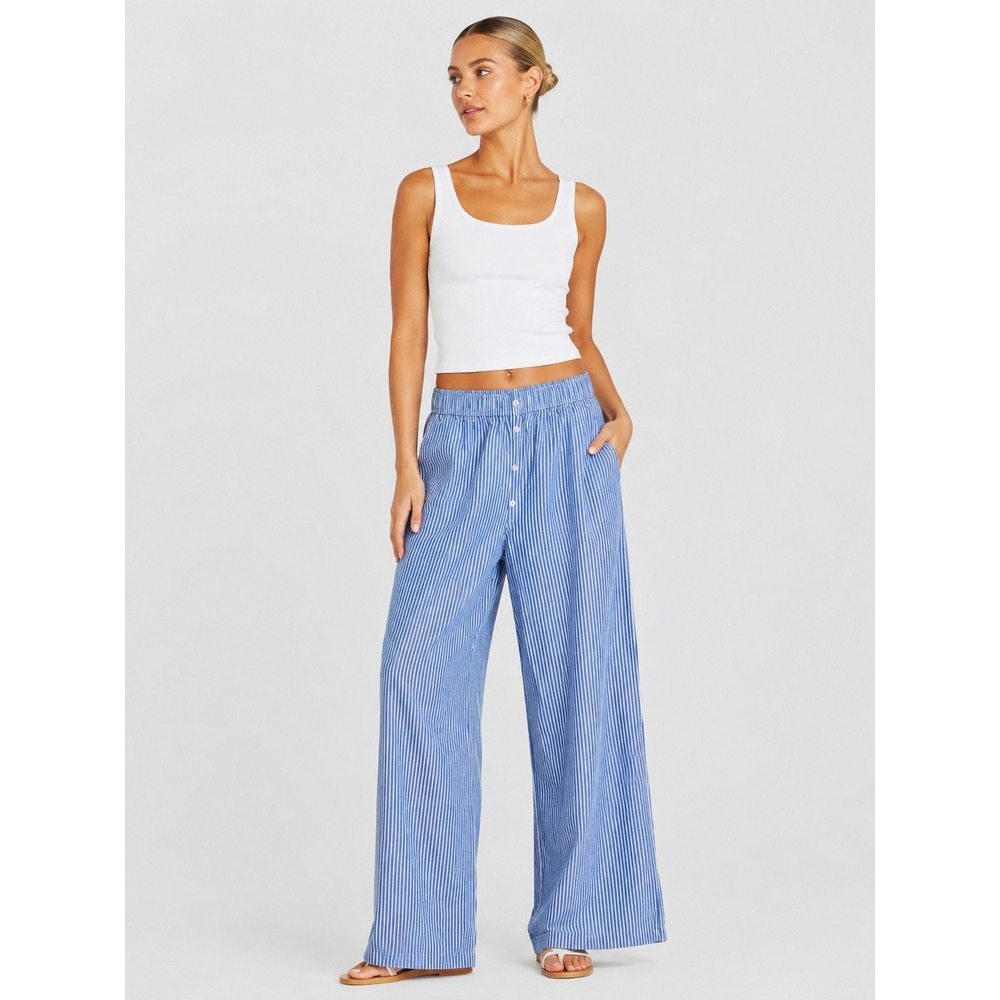 Anthropologie Blue White Striped Wide Leg Boxer Pants High Rise 100% Cotton XXS